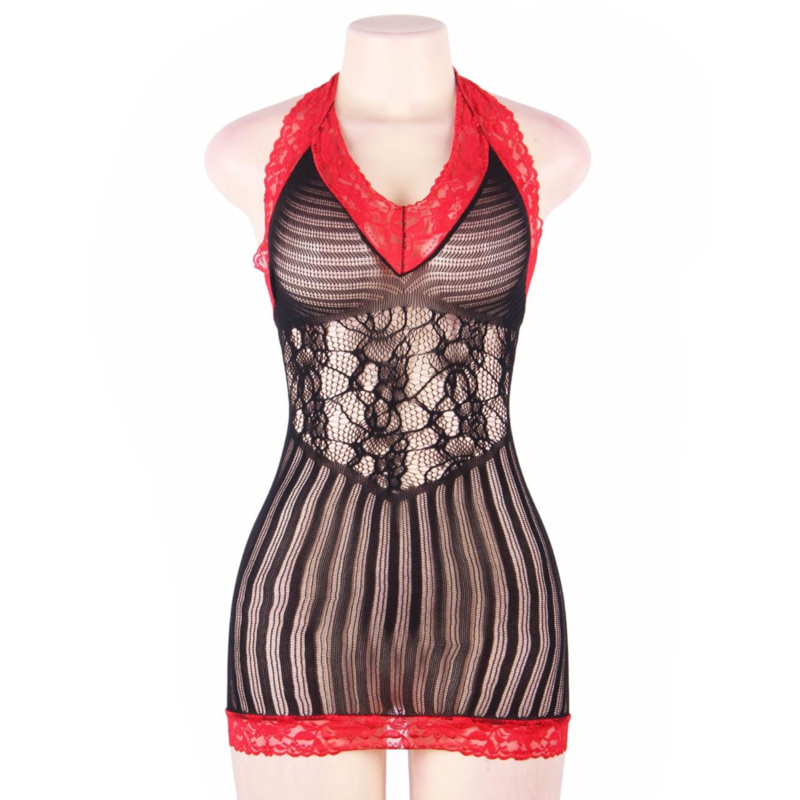 QUEEN LINGERIE - CHEMISE DE CROCHÉ PRETO E VERMELHO P/G
