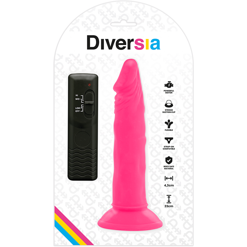 DIVERSIA - DILDO VIBRATÓRIO FLEXÍVEL ROSA 23 CM -O- 4,3 CM