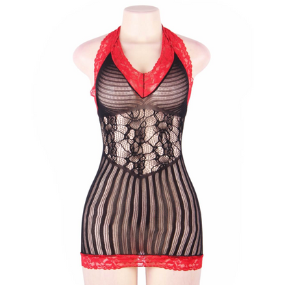 QUEEN LINGERIE - CHEMISE DE CROCHÉ PRETO E VERMELHO P/G