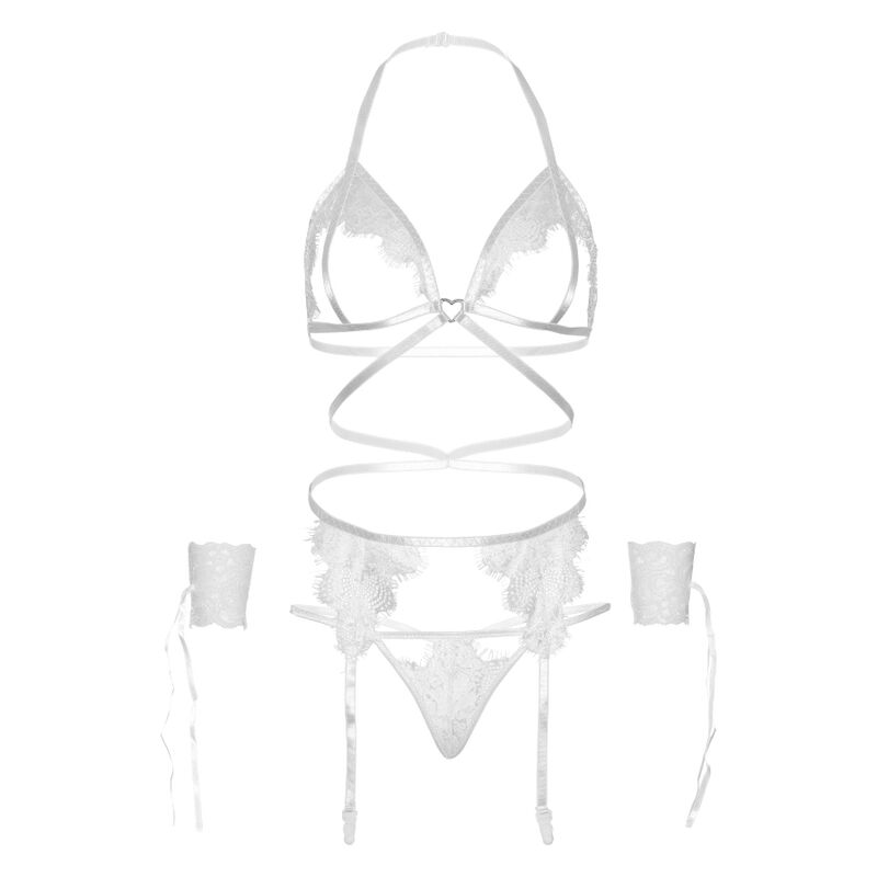 LEG AVENUE - CONJUNTO DE QUATRO PEÇAS SUTIÃ, TANGA, CINTA-LIGA E PUNHOS DE PULSO TAMANHO ÚNICO - PRETO