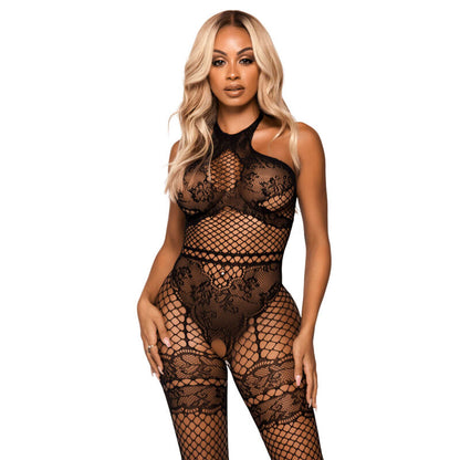 LEG AVENUE - BODYSTOCKING DE REDE HALTER TAMANHO ÚNICO - PRETO