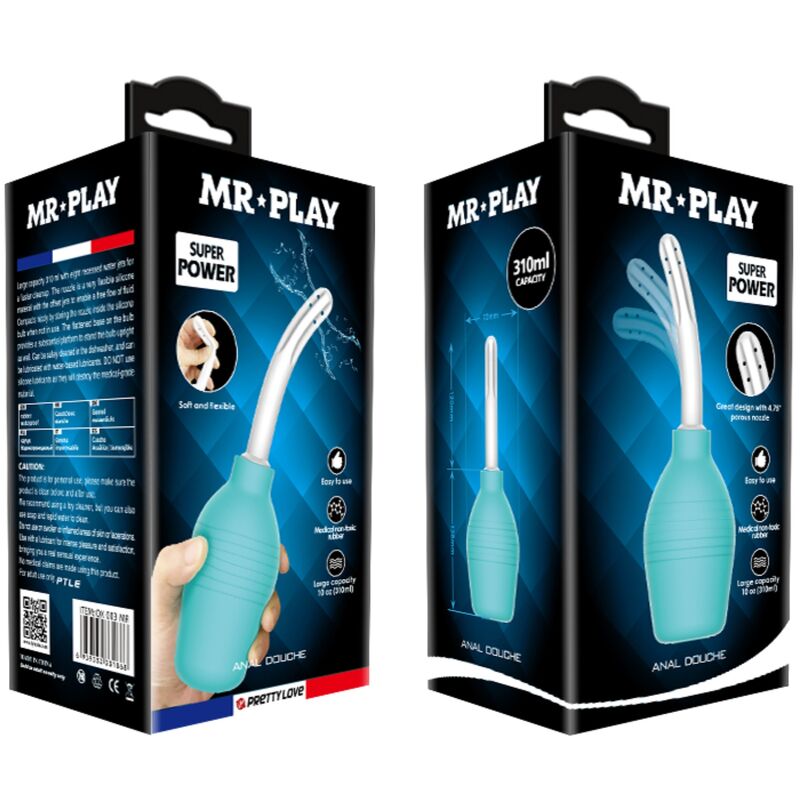 MR PLAY - CHUVEIRO DE BORRACHA AZUL PÊRA ANAL