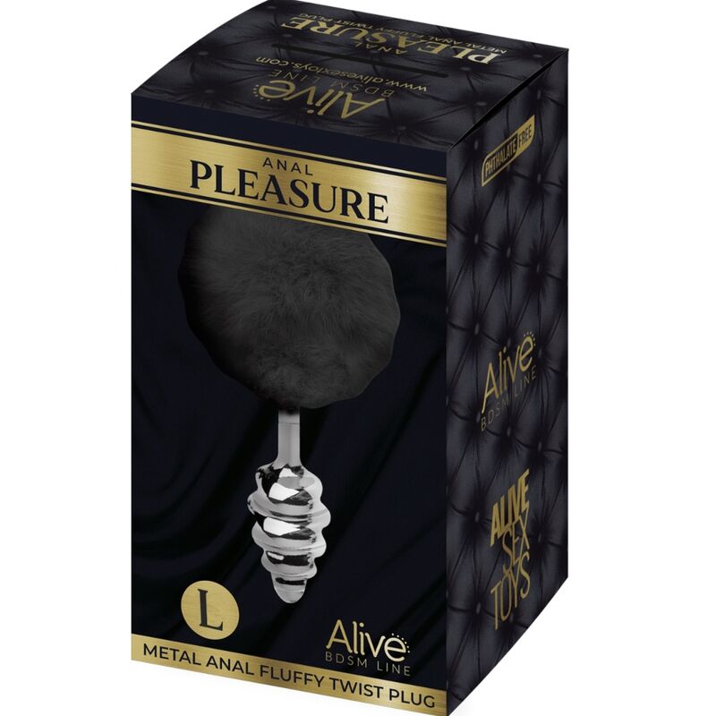 ALIVE - PLUG ANAL DE PRAZER ESPIRAL METAL FLUFFY PRETO TAMANHO L
