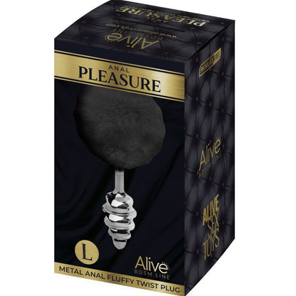 ALIVE - PLUG ANAL DE PRAZER ESPIRAL METAL FLUFFY PRETO TAMANHO L