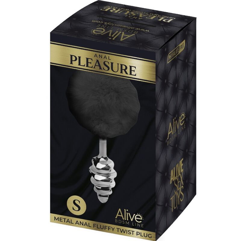 ALIVE - PLUG ANAL DE PRAZER ESPIRAL METAL FLUFFY PRETO TAMANHO S