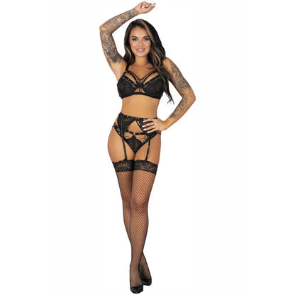 LIVCO CORSETTI FASHION - POJZON LC 90670 SUTIÃ + CINTO-LIGA + MEIAS + CALCINHA PRETA