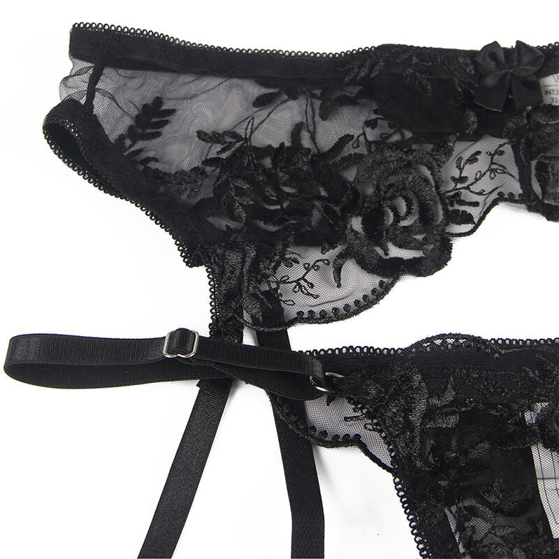 SUBBLIME - CONJUNTO DE 3 PEÇAS SUTIÃ + TANGA + LIGA ESTAMPA FLORAL PRETO S/M