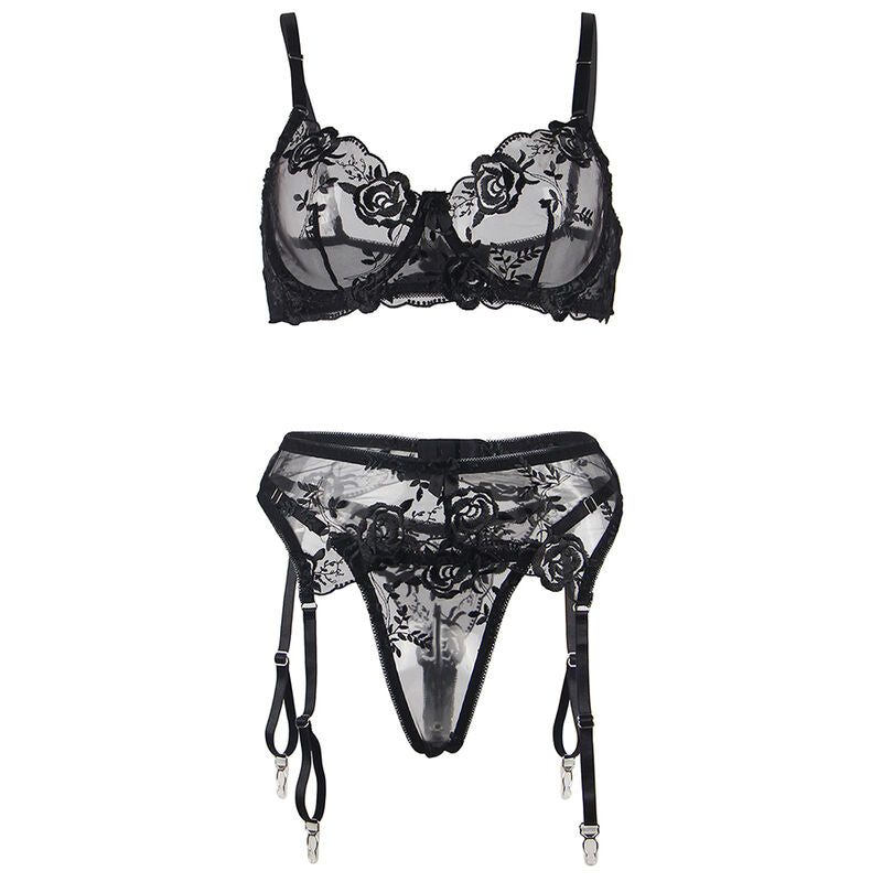 SUBBLIME - CONJUNTO DE 3 PEÇAS SUTIÃ + TANGA + LIGA ESTAMPA FLORAL PRETO S/M