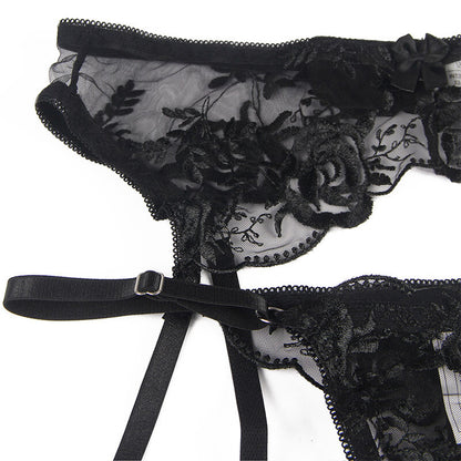 SUBBLIME - CONJUNTO DE 3 PEÇAS SUTIÃ + TANGA + LIGA ESTAMPA FLORAL PRETO S/M
