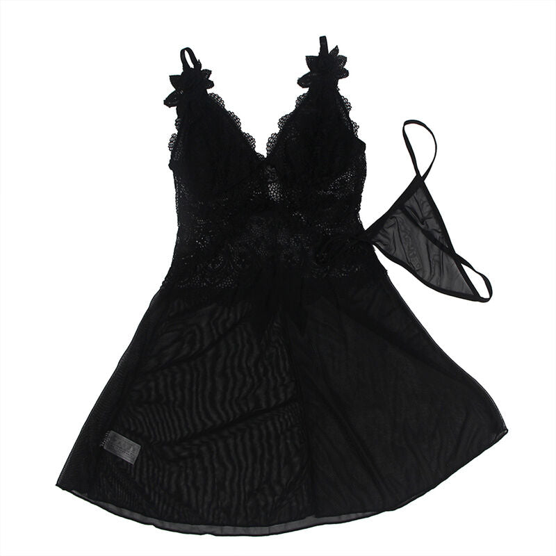 SUBBLIME - BABYDOLL TECIDO DE TULE COM RENDA E DETALHE DE FLOR PRETO S/M