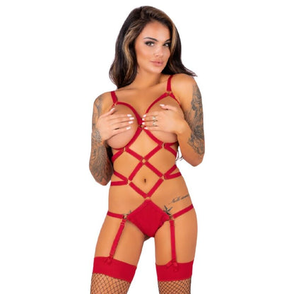 LIVCO CORSETTI FASHION - THIARA LC 20213 CONJUNTO BODY + MEIAS VERMELHO S/M