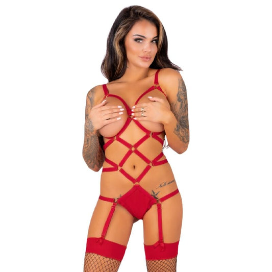 LIVCO CORSETTI FASHION - THIARA LC 20213 CONJUNTO BODY + MEIAS VERMELHO S/M