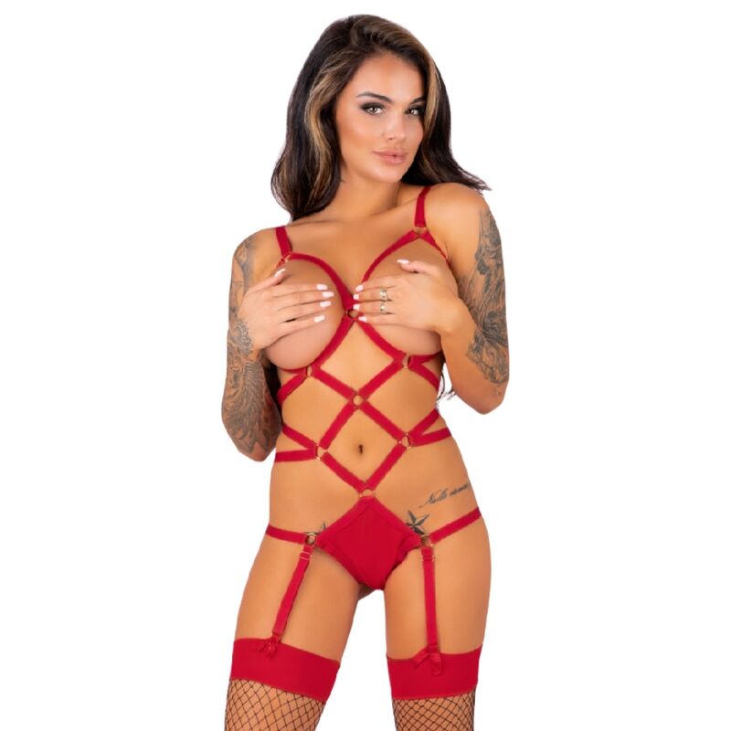LIVCO CORSETTI FASHION - THIARA LC 20213 CONJUNTO BODY + MEIAS VERMELHO S/M
