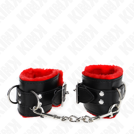 KINK - FUR LINED WRIST RESTRAINTS WITH SQUARE HOLES RED AND BLACK BELT ADJUSTABLE 17-29 CM X 6 CM
