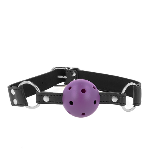 KINK - BOLA RESPIRÁVEL 4 CM GAG COM REBITE DUPLO ROXA 62,5 x 2,5 CM AJUSTÁVEL 42-58 CM