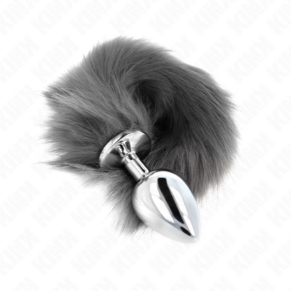 KINK - PLUG ANAL TAMANHO L 10 X 4 CM COM RABO SINTÉTICO 40 CM CINZA E BRANCO