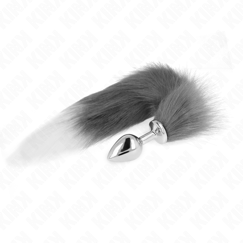 KINK - PLUG ANAL TAMANHO M 8 X 3,5 CM COM RABO SINTÉTICO 40 CM CINZA E BRANCO