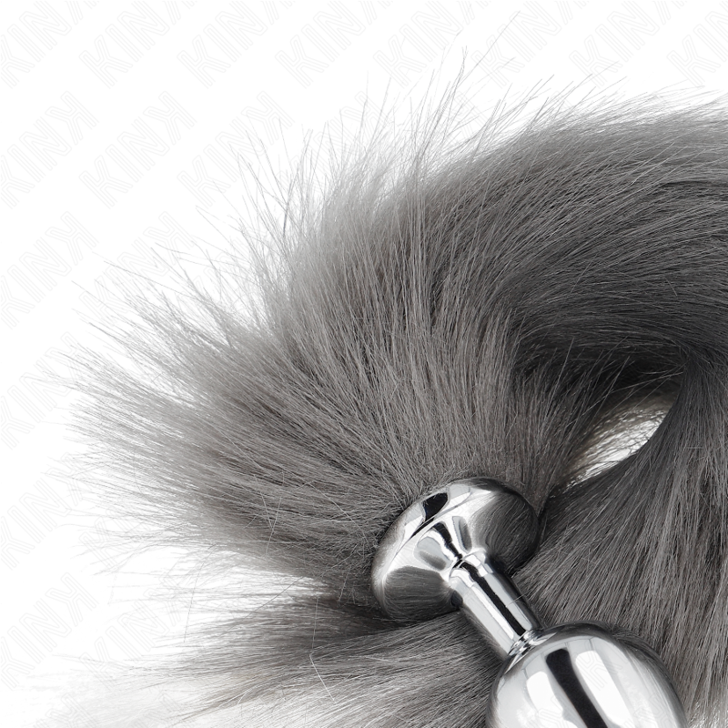 KINK - PLUG ANAL TAMANHO M 8 X 3,5 CM COM RABO SINTÉTICO 40 CM CINZA E BRANCO