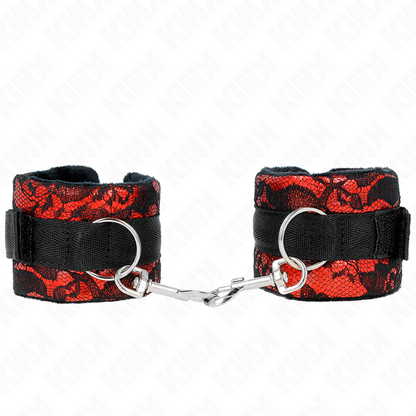 KINK - RESTRIÇÕES DE PULSO CURTAS DE VELUDO E FIXAÇÃO DE NYLON VERMELHO / PRETO 23 X 6,5 CM