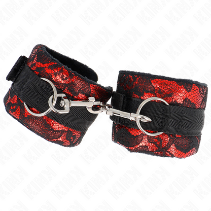 KINK - RESTRIÇÕES DE PULSO CURTAS DE VELUDO E FIXAÇÃO DE NYLON VERMELHO / PRETO 23 X 6,5 CM