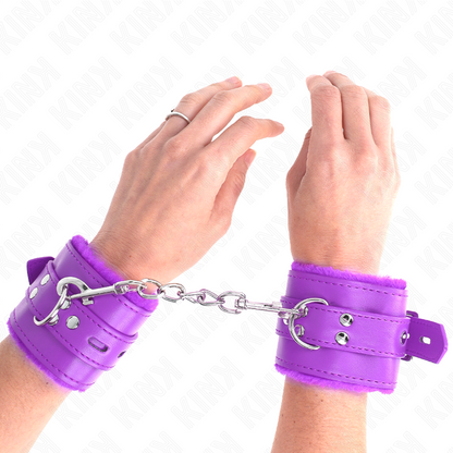 KINK - RESTRIÇÕES DE PULSO FORRADAS DE PELE COM FUROS QUADRADOS ROXO E CINTO ROXO AJUSTÁVEL 17-29 CM X 6 CM