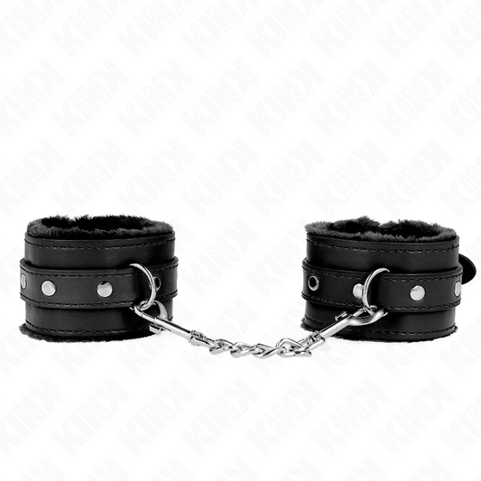 KINK - RESTRIÇÕES DE PULSO PREMIUM FORRADO DE PELE PRETO COM CINTO PRETO AJUSTÁVEL 17-29 CM X 6 CM