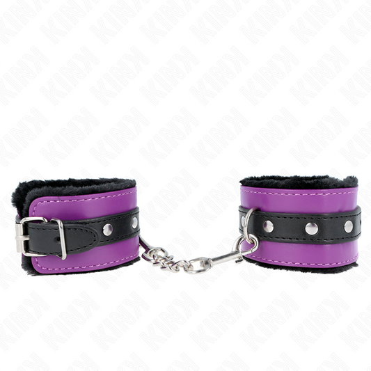 KINK - RESTRIÇÕES DE PULSO PREMIUM COM FORRO DE PELE PRETO COM CINTO ROXO/PRETO AJUSTÁVEL 17-29 CM X 6 CM