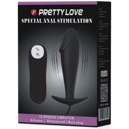 PRETTY LOVE - PLUG ANAL DE SILICONE FORMULÁRIO DE PÊNIS E 12 MODOS DE VIBRAÇÃO PRETO