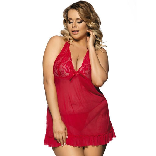 SUBBLIME - BABYDOLL QUEEN PLUS VERMELHO MOTIVOS FLORAIS EM SEIOS