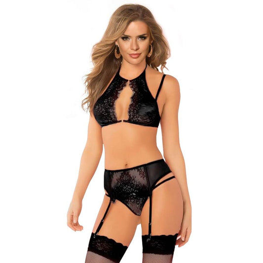 QUEEN LINGERIE - CONJUNTO DE SUTIÃ + LIGA E TANGA TAMANHO S/M