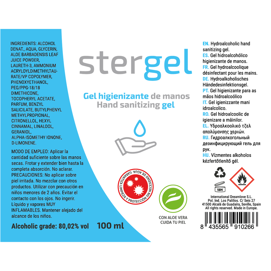 STERGEL - GEL HIDROALCOÓLICO DESINFETANTE PARA MÃOS ALOE VERA 100ML 